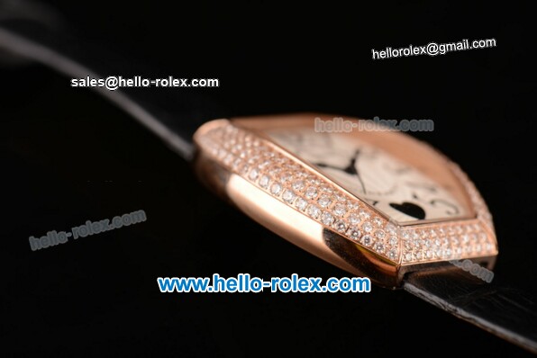 Franck Muller Heart Swiss Quartz Rose Gold Case with Black Leather Strap Diamond Bezel and White Dial - ETA Coating - Click Image to Close